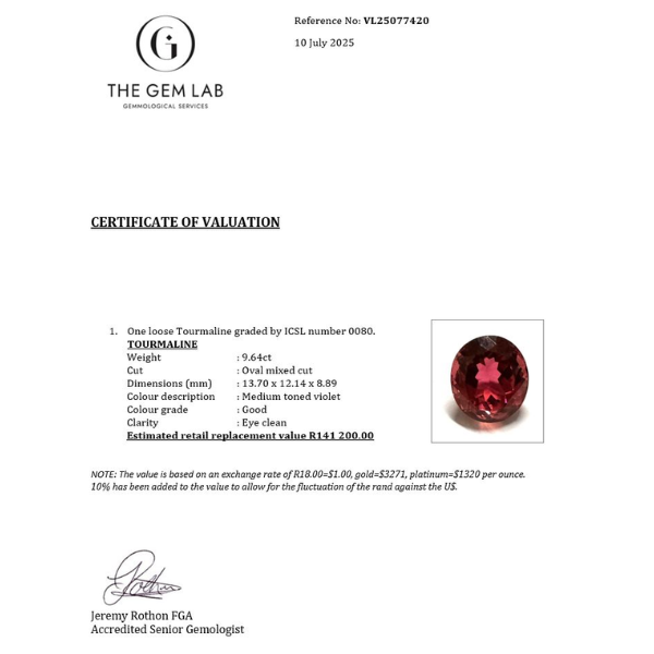 Coloured Gemstone - Tourmaline 9.64ct Oval Mixed Cut (Reddish violet)