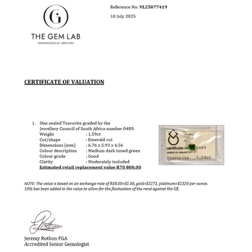 Certificate of valuation from The Gem Lab with a Tzavorite stone image.