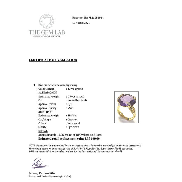 Certificate of valuation for a diamond and amethyst ring from The Gem Lab.