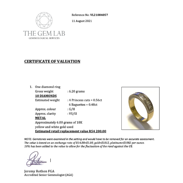 Certificate of valuation for a diamond ring with gemological details and a photo of the ring.