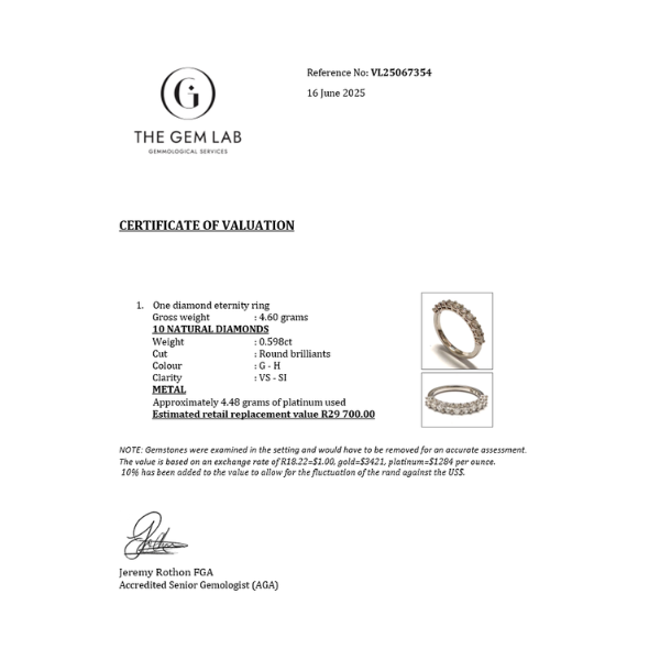 Certificate of valuation from The Gem Lab with diamond ring details and images.