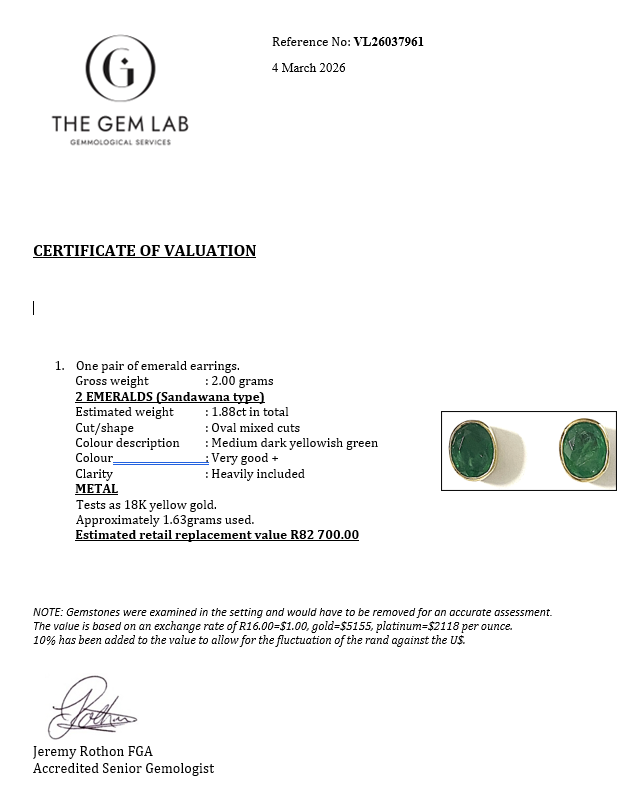 Certificate of valuation for emerald earrings from The Gem Lab with detailed gemstone information.